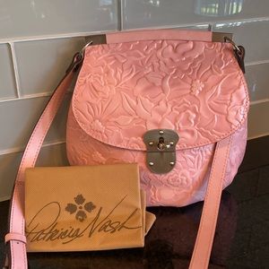 Soft Pink Embosed Leather Patricia Nash Crossbody Satchel.
